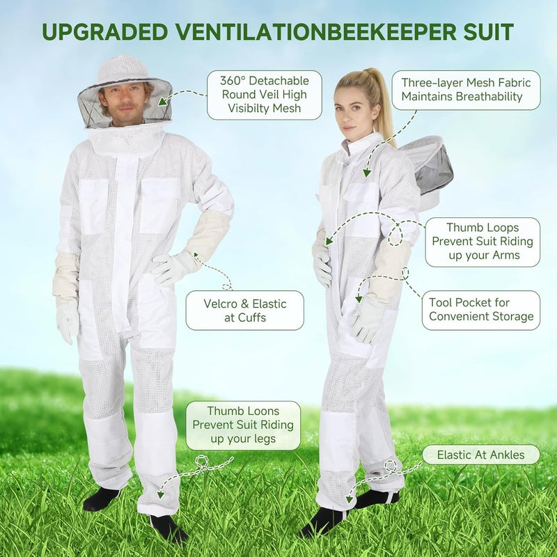 Calfca Upgraded Bee Suit for Men & Women Sting Proof, Thickened Ventilated Beekeeper Suit with Gloves & Round Veil, Full Protection Beekeeping Suits(XXL 5'11"-6'3") - Image 4
